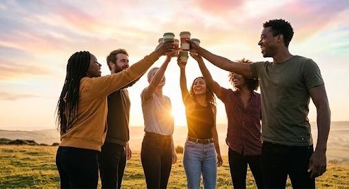 A group of friends raising cups together at sunset