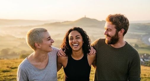 Three friends laughing together outdoors at sunset