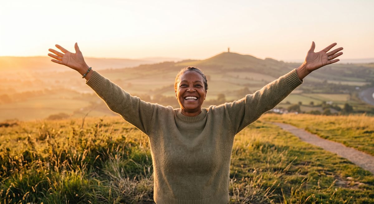 A woman standing on a hillside with her arms raised, smiling